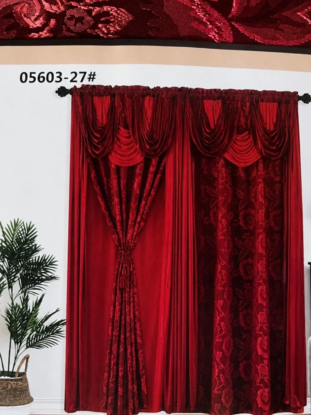 Luxurious Deep Red Velvet Drapery Set with Swag Top